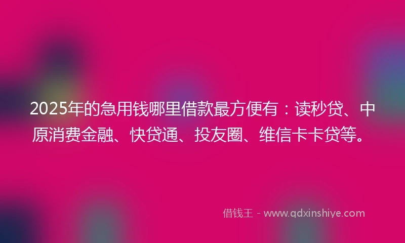 2025年的急用钱哪里借款最方便有：读秒贷、中原消费金融、快贷通、投友圈、维信卡卡贷等。
