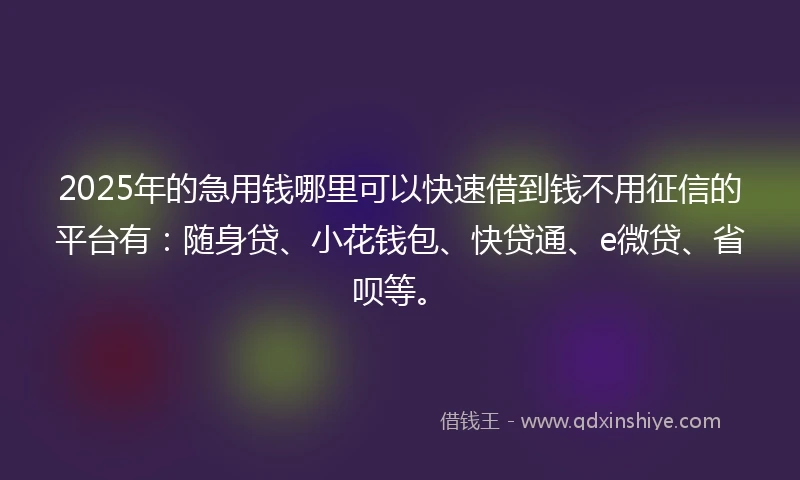 2025年的急用钱哪里可以快速借到钱不用征信的平台有：随身贷、小花钱包、快贷通、e微贷、省呗等。