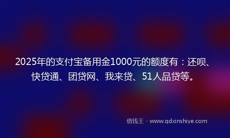 2025年的支付宝备用金1000元的额度有：还呗、快贷通、团贷网、我来贷、51人品贷等。