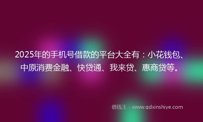 2025年的手机号借款的平台大全有：小花钱包、中原消费金融、快贷通、我来贷、惠商贷等。