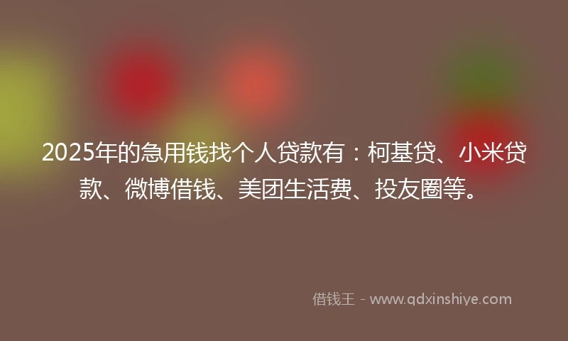 2025年的急用钱找个人贷款有：柯基贷、小米贷款、微博借钱、美团生活费、投友圈等。