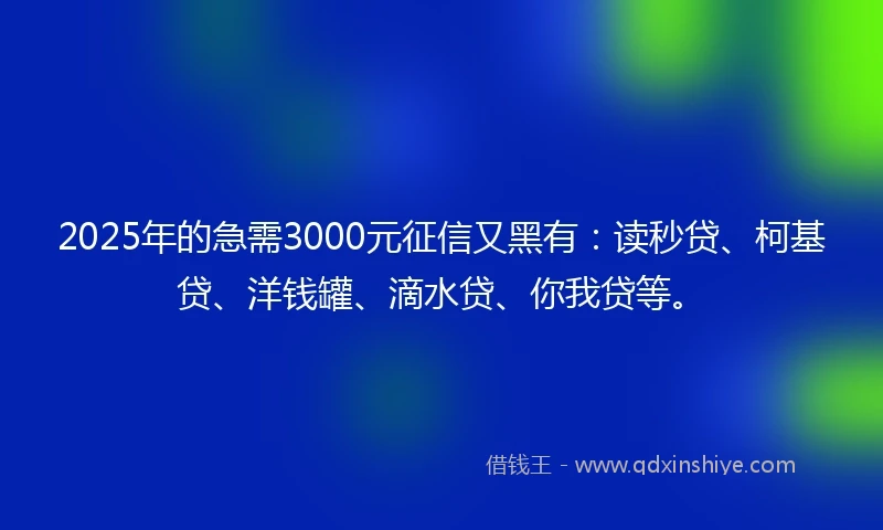 2025年的急需3000元征信又黑有：读秒贷、柯基贷、洋钱罐、滴水贷、你我贷等。