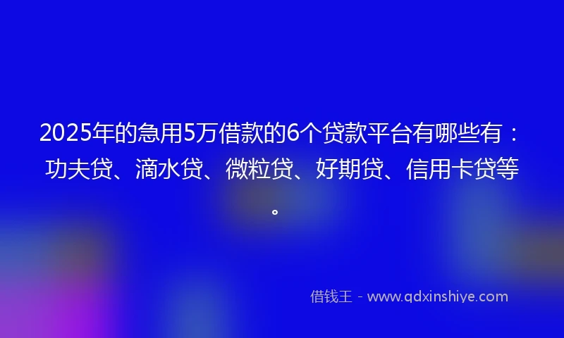 2025年的急用5万借款的6个贷款平台有哪些有：功夫贷、滴水贷、微粒贷、好期贷、信用卡贷等。
