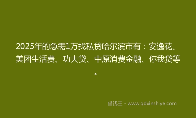 2025年的急需1万找私贷哈尔滨市有：安逸花、美团生活费、功夫贷、中原消费金融、你我贷等。