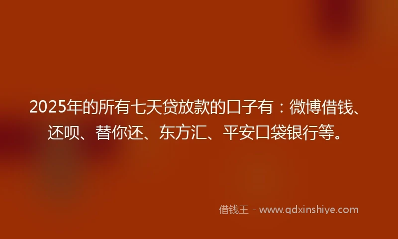 2025年的所有七天贷放款的口子有：微博借钱、还呗、替你还、东方汇、平安口袋银行等。