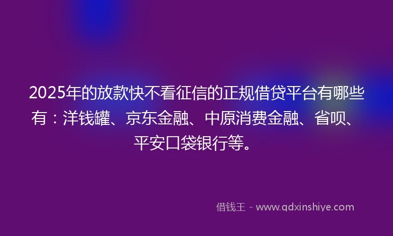 2025年的放款快不看征信的正规借贷平台有哪些有：洋钱罐、京东金融、中原消费金融、省呗、平安口袋银行等。