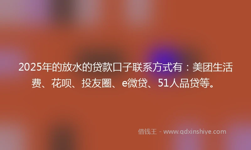 2025年的放水的贷款口子联系方式有：美团生活费、花呗、投友圈、e微贷、51人品贷等。