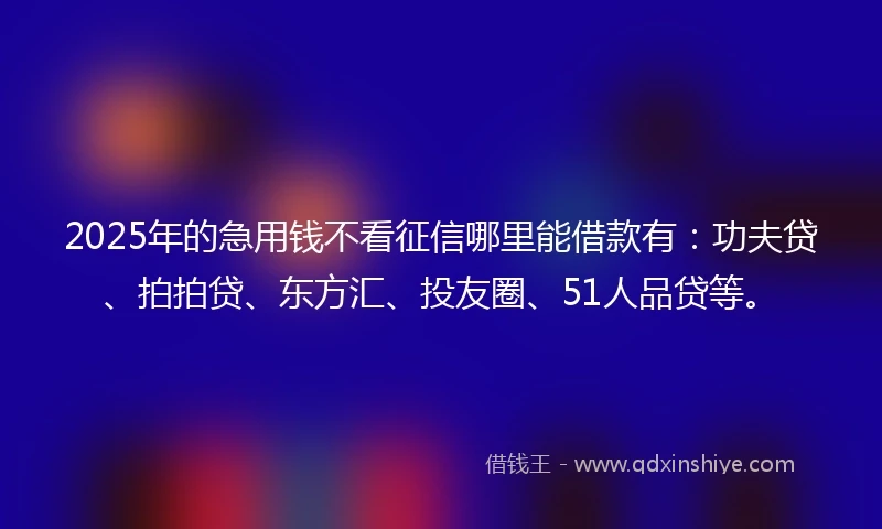 2025年的急用钱不看征信哪里能借款有：功夫贷、拍拍贷、东方汇、投友圈、51人品贷等。