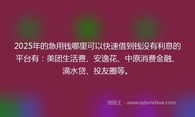 2025年的急用钱哪里可以快速借到钱没有利息的平台有：美团生活费、安逸花、中原消费金融、滴水贷、投友圈等。