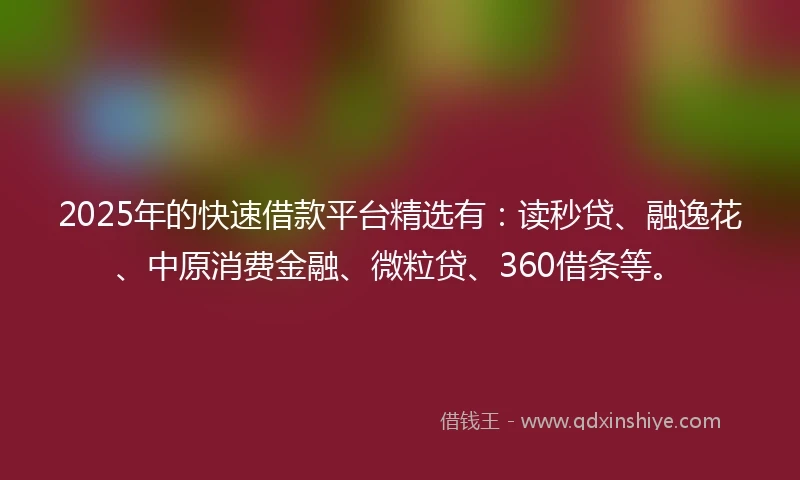 2025年的快速借款平台精选有：读秒贷、融逸花、中原消费金融、微粒贷、360借条等。