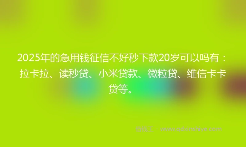 2025年的急用钱征信不好秒下款20岁可以吗有：拉卡拉、读秒贷、小米贷款、微粒贷、维信卡卡贷等。
