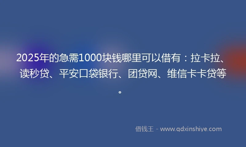 2025年的急需1000块钱哪里可以借有：拉卡拉、读秒贷、平安口袋银行、团贷网、维信卡卡贷等。