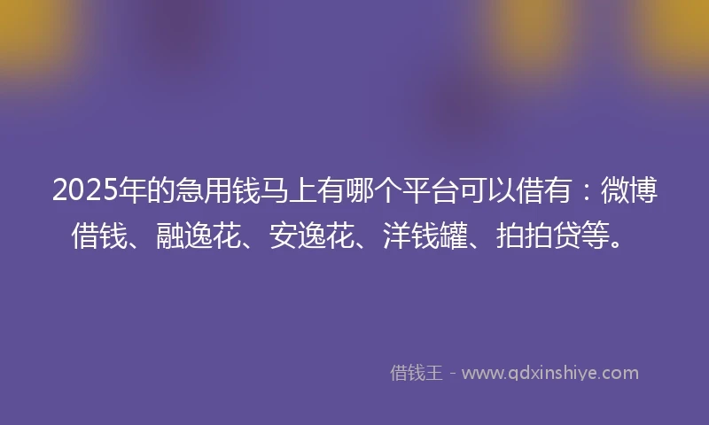 2025年的急用钱马上有哪个平台可以借有：微博借钱、融逸花、安逸花、洋钱罐、拍拍贷等。