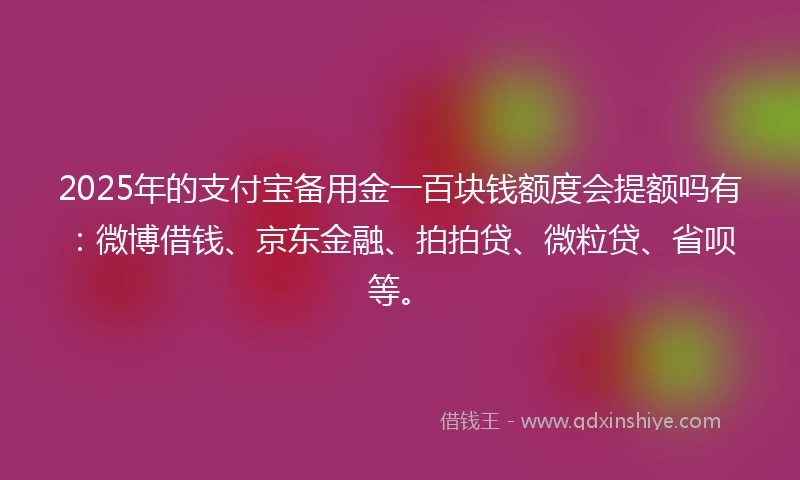 2025年的支付宝备用金一百块钱额度会提额吗有：微博借钱、京东金融、拍拍贷、微粒贷、省呗等。
