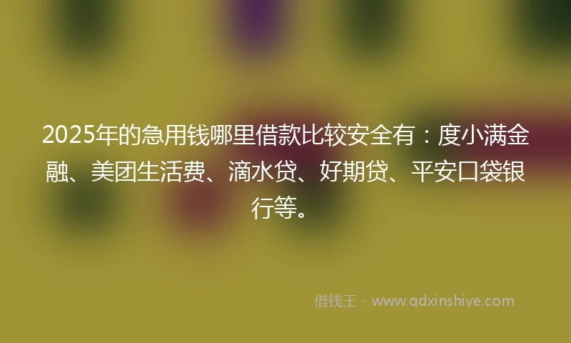 2025年的急用钱哪里借款比较安全有：度小满金融、美团生活费、滴水贷、好期贷、平安口袋银行等。