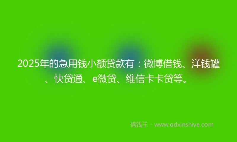 2025年的急用钱小额贷款有：微博借钱、洋钱罐、快贷通、e微贷、维信卡卡贷等。