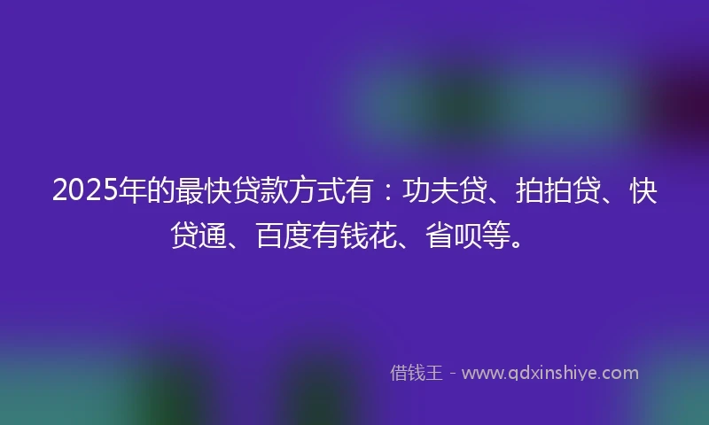 2025年的最快贷款方式有：功夫贷、拍拍贷、快贷通、百度有钱花、省呗等。
