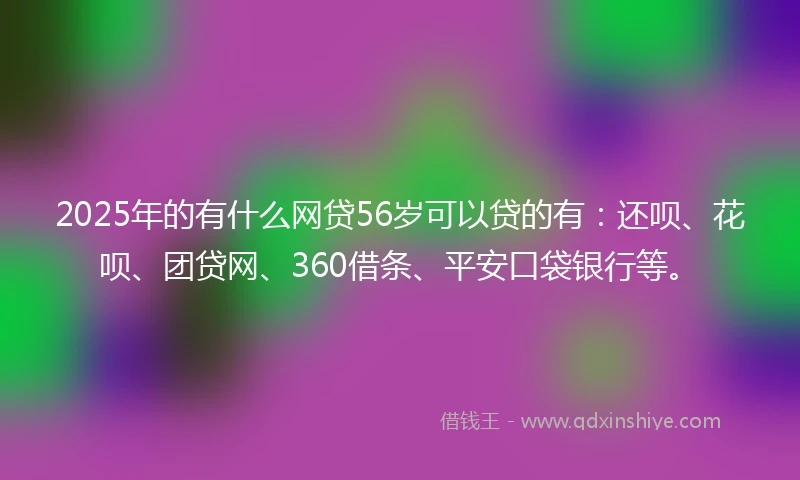2025年的有什么网贷56岁可以贷的有：还呗、花呗、团贷网、360借条、平安口袋银行等。
