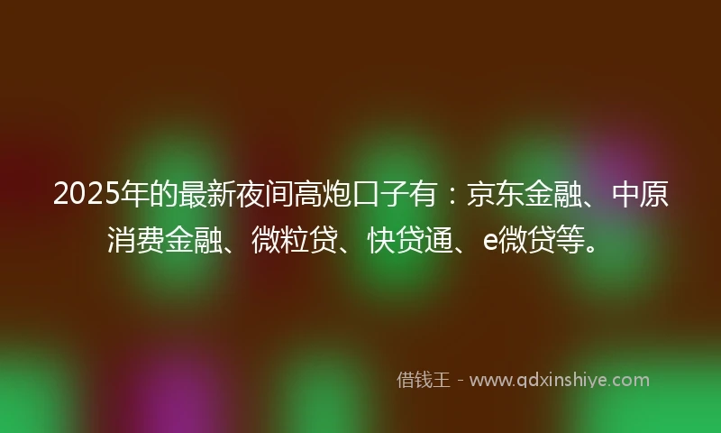 2025年的最新夜间高炮口子有：京东金融、中原消费金融、微粒贷、快贷通、e微贷等。