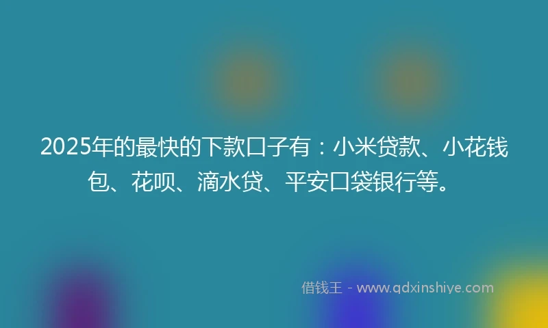 2025年的最快的下款口子有：小米贷款、小花钱包、花呗、滴水贷、平安口袋银行等。