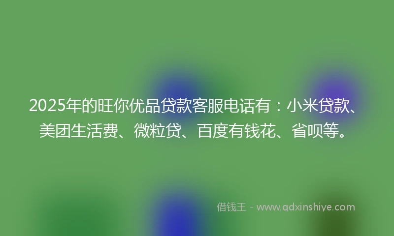 2025年的旺你优品贷款客服电话有：小米贷款、美团生活费、微粒贷、百度有钱花、省呗等。