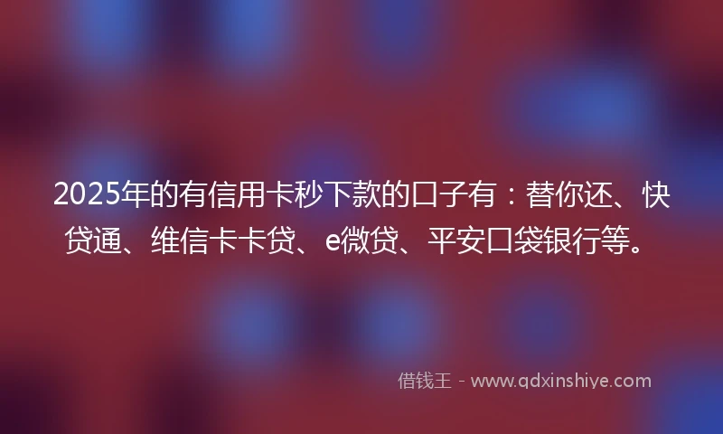 2025年的有信用卡秒下款的口子有:替你还、快贷通、维信卡卡贷、e微贷、平安口袋银行等。