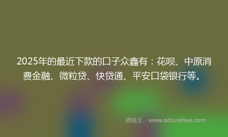 2025年的最近下款的口子众鑫有：花呗、中原消费金融、微粒贷、快贷通、平安口袋银行等。