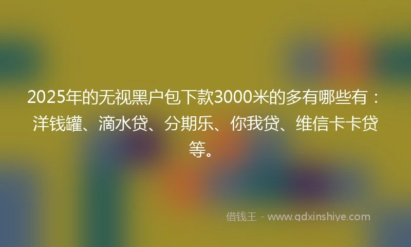 2025年的无视黑户包下款3000米的多有哪些有：洋钱罐、滴水贷、分期乐、你我贷、维信卡卡贷等。
