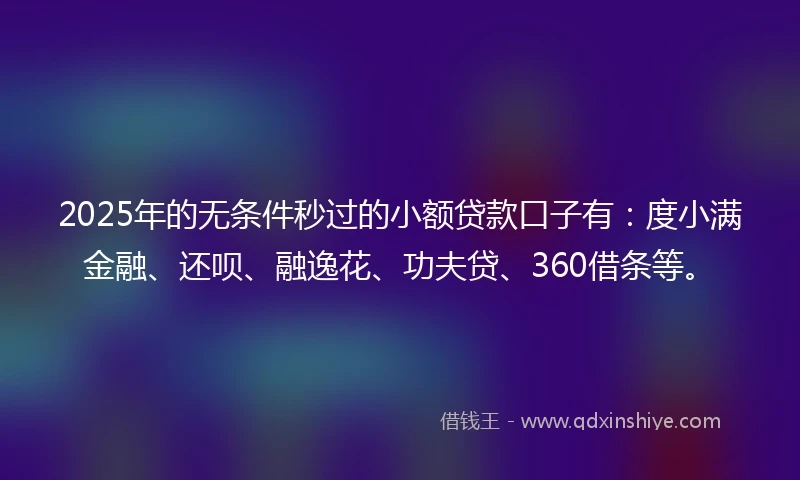 2025年的无条件秒过的小额贷款口子有：度小满金融、还呗、融逸花、功夫贷、360借条等。