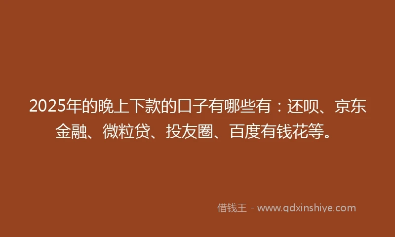 2025年的晚上下款的口子有哪些有：还呗、京东金融、微粒贷、投友圈、百度有钱花等。
