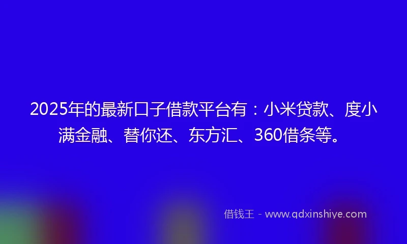 2025年的最新口子借款平台有：小米贷款、度小满金融、替你还、东方汇、360借条等。