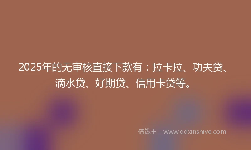 2025年的无审核直接下款有：拉卡拉、功夫贷、滴水贷、好期贷、信用卡贷等。