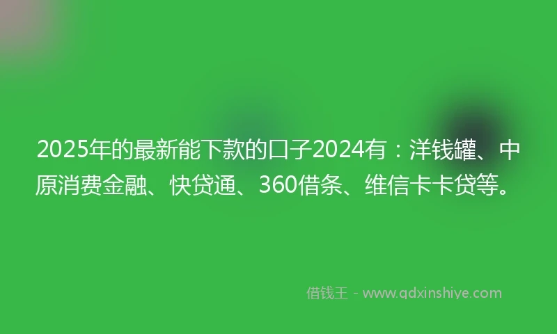 2025年的最新能下款的口子2024有：洋钱罐、中原消费金融、快贷通、360借条、维信卡卡贷等。