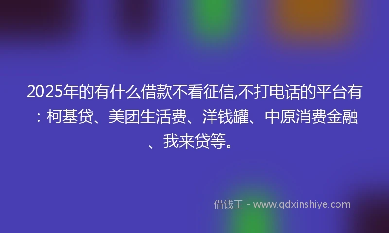 2025年的有什么借款不看征信,不打电话的平台有：柯基贷、美团生活费、洋钱罐、中原消费金融、我来贷等。