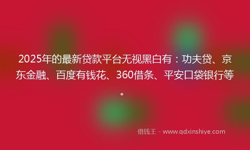 2025年的最新贷款平台无视黑白有：功夫贷、京东金融、百度有钱花、360借条、平安口袋银行等。