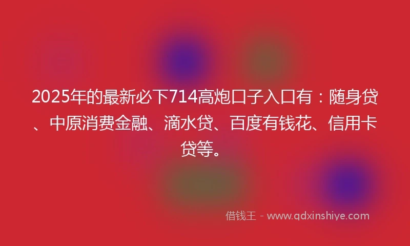 2025年的最新必下714高炮口子入口有：随身贷、中原消费金融、滴水贷、百度有钱花、信用卡贷等。