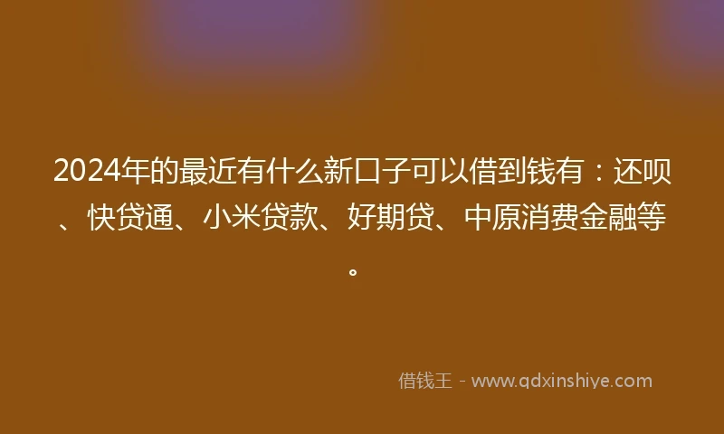 2024年的最近有什么新口子可以借到钱有：还呗、快贷通、小米贷款、好期贷、中原消费金融等。