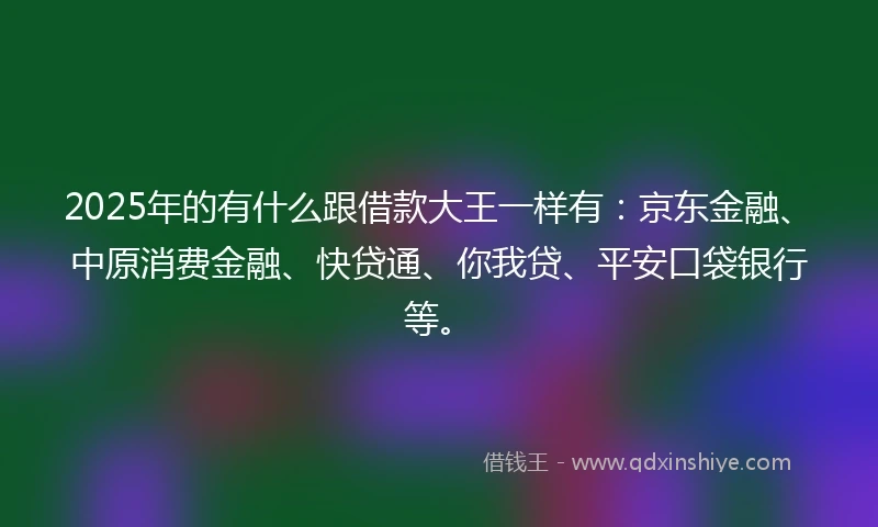 2025年的有什么跟借款大王一样有:京东金融、中原消费金融、快贷通、你我贷、平安口袋银行等。