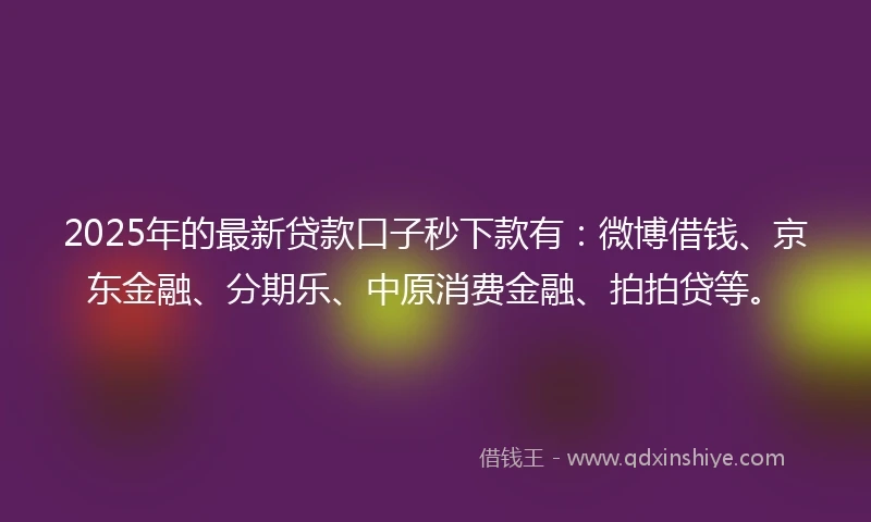 2025年的最新贷款口子秒下款有：微博借钱、京东金融、分期乐、中原消费金融、拍拍贷等。