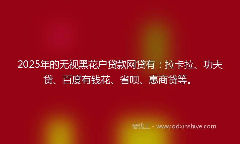 2025年的无视黑花户贷款网贷有：拉卡拉、功夫贷、百度有钱花、省呗、惠商贷等。
