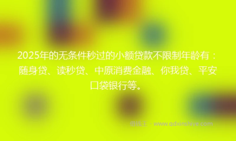 2025年的无条件秒过的小额贷款不限制年龄有：随身贷、读秒贷、中原消费金融、你我贷、平安口袋银行等。