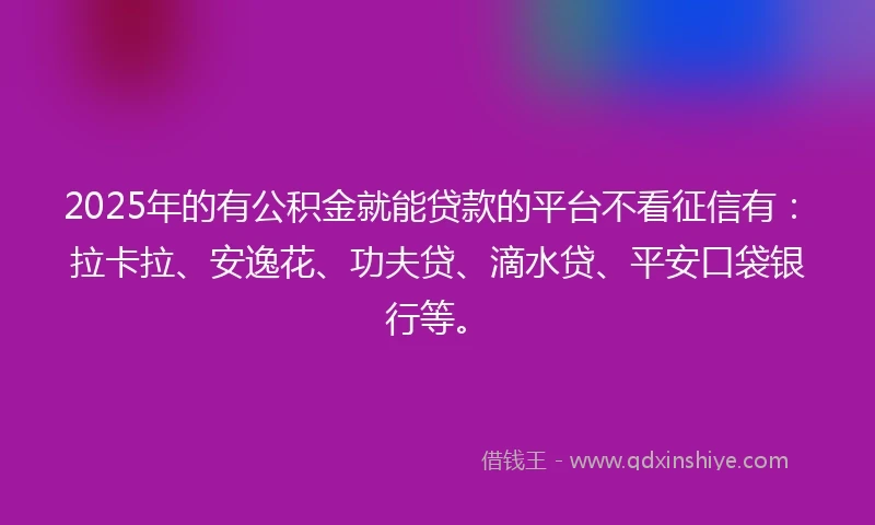 2025年的有公积金就能贷款的平台不看征信有：拉卡拉、安逸花、功夫贷、滴水贷、平安口袋银行等。