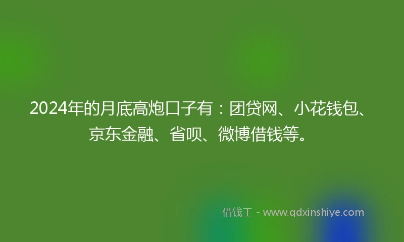2024年的月底高炮口子有:团贷网、小花钱包、京东金融、省呗、微博借钱等。