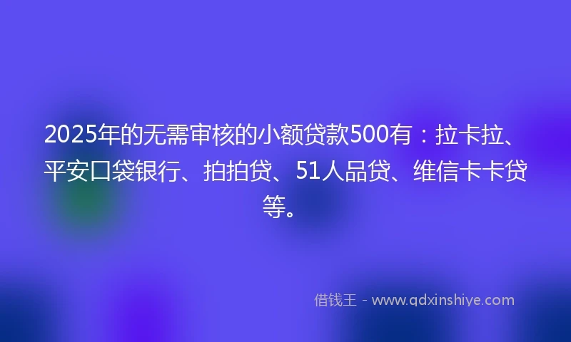 2025年的无需审核的小额贷款500有：拉卡拉、平安口袋银行、拍拍贷、51人品贷、维信卡卡贷等。