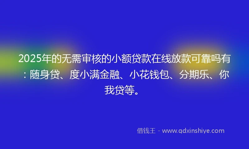 2025年的无需审核的小额贷款在线放款可靠吗有：随身贷、度小满金融、小花钱包、分期乐、你我贷等。