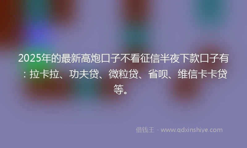2025年的最新高炮口子不看征信半夜下款口子有：拉卡拉、功夫贷、微粒贷、省呗、维信卡卡贷等。