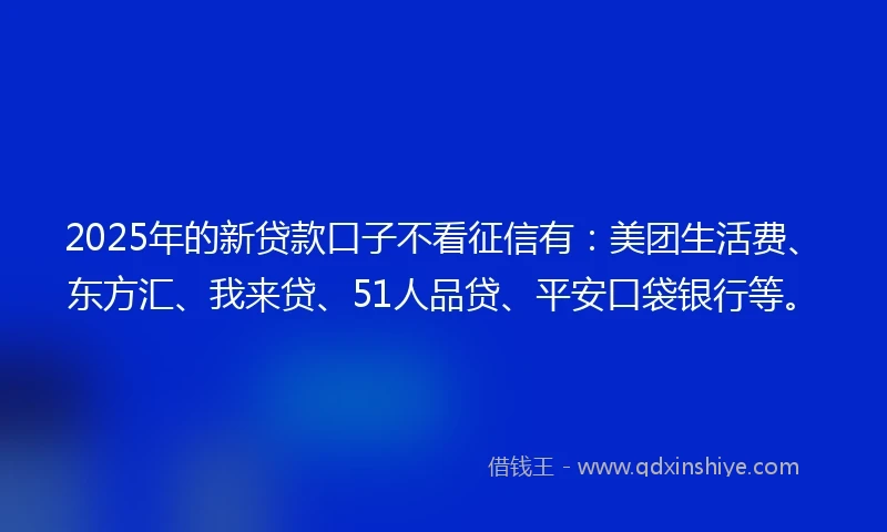 2025年的新贷款口子不看征信有：美团生活费、东方汇、我来贷、51人品贷、平安口袋银行等。