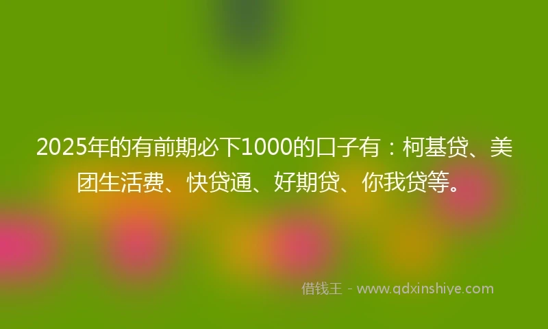 2025年的有前期必下1000的口子有：柯基贷、美团生活费、快贷通、好期贷、你我贷等。