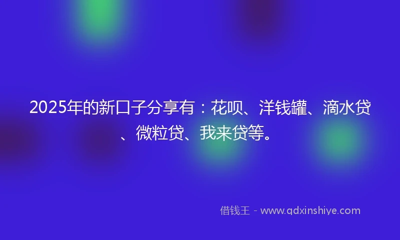 2025年的新口子分享有：花呗、洋钱罐、滴水贷、微粒贷、我来贷等。