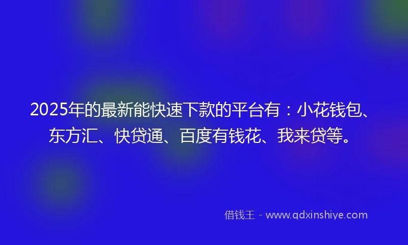 2025年的最新能快速下款的平台有：小花钱包、东方汇、快贷通、百度有钱花、我来贷等。